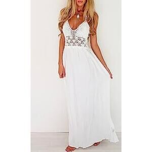 NWT Large White Boho Summer Crochet Maxi Halter Dress